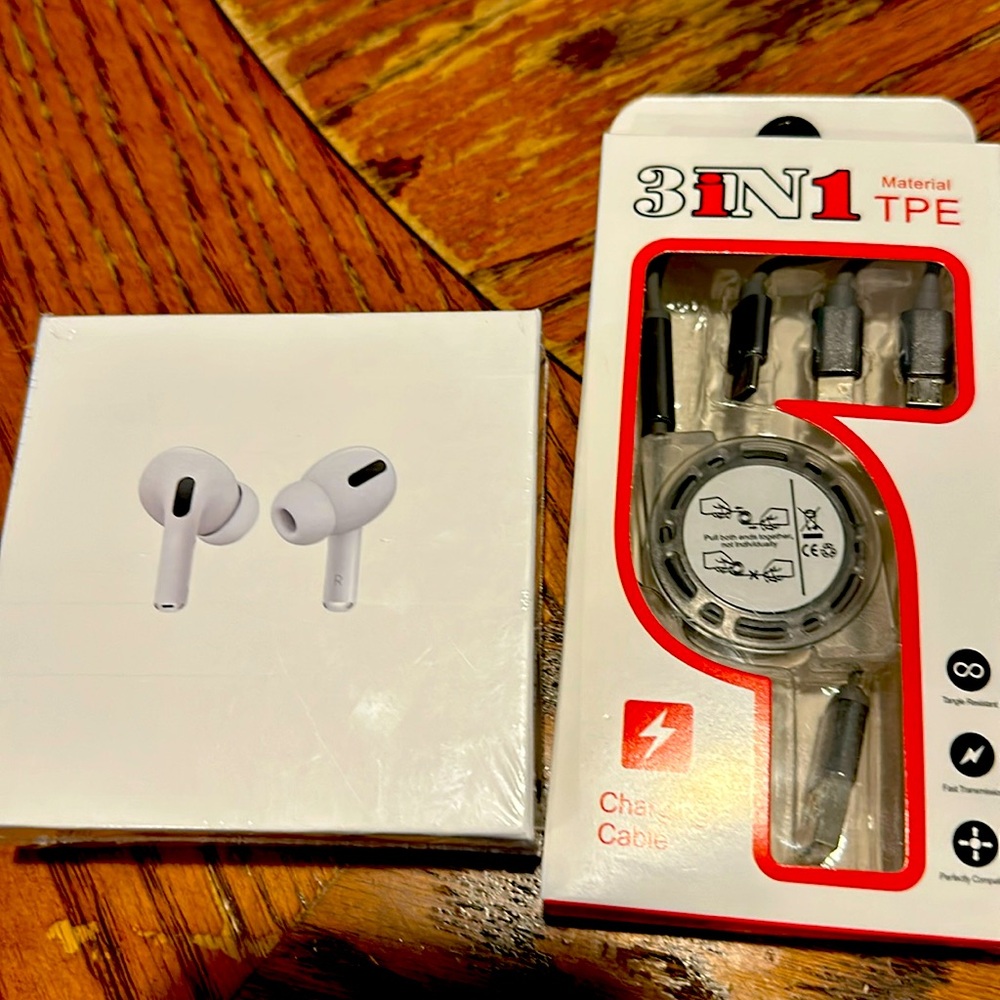 Air pods with wireless charging case and 3 in one usb cable both new&unopened